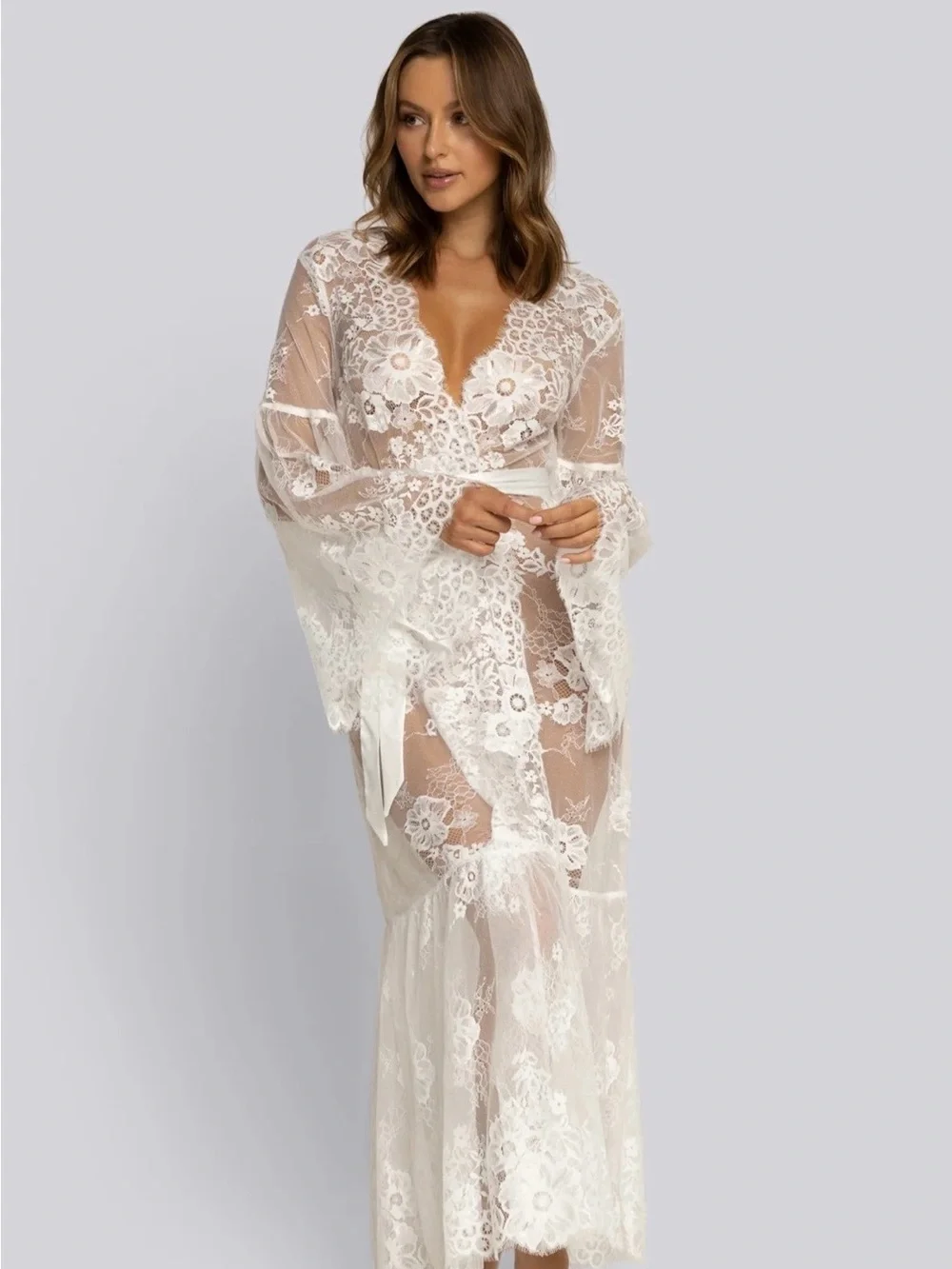 Sheer Lace Tie-Waist Robe in White